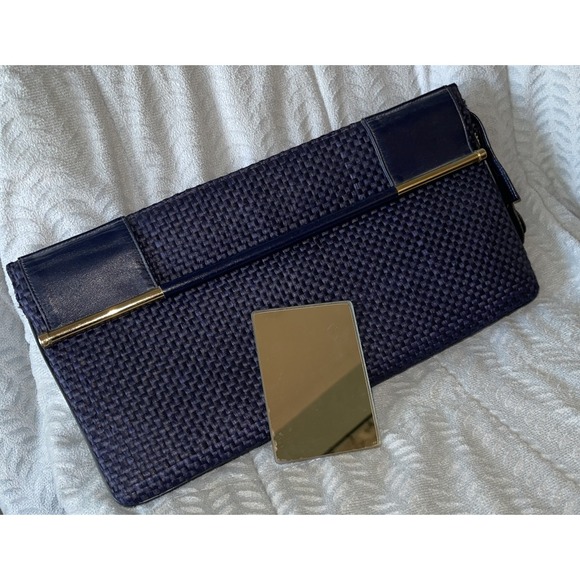 Vtg Susan Gail Clutch Purse Women's Blue Gold Zipper Mirror MCM 1950s - Picture 8 of 11